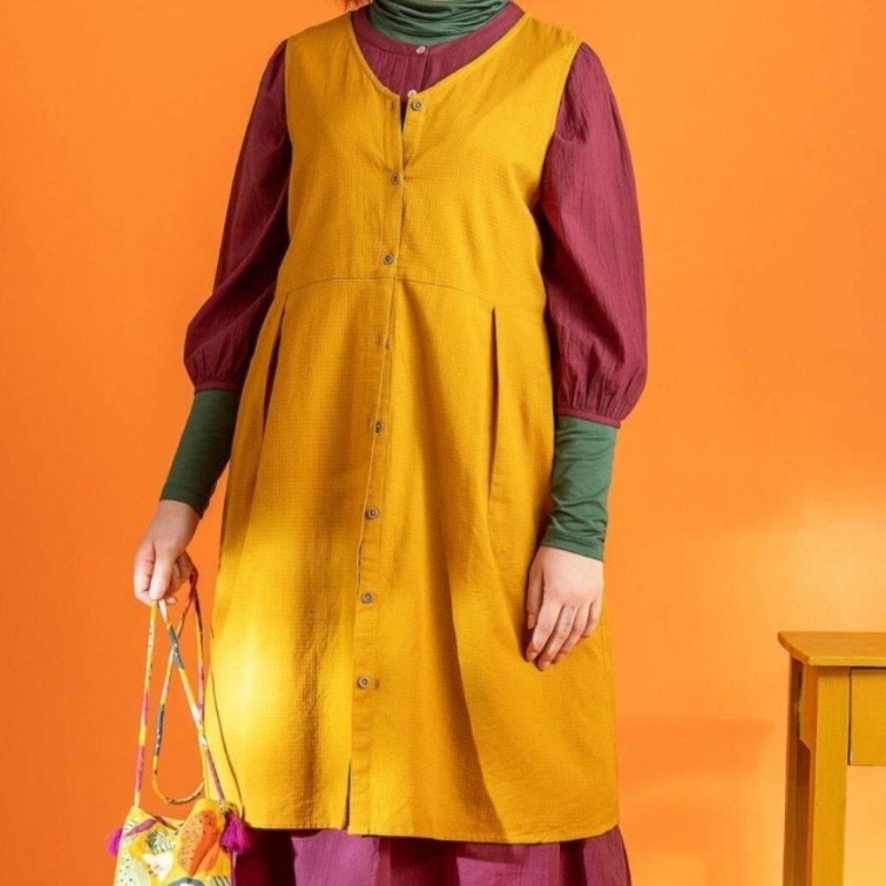 Gudrun Sjoden mustard woven sleeveless jumper dress M